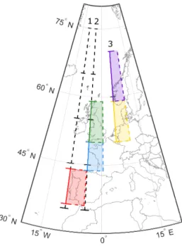 Figure 1. (a) Location of the three different reference meridians and sectors in Europe used for the computation of the atmospheric rivers