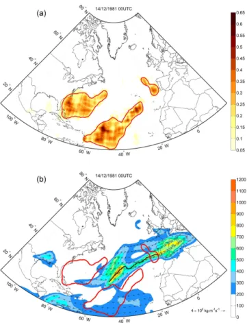 Figure 3. (a) The moisture sources (E − P > 0) computed for 10 days for an AR making landfall in the Iberian Peninsula on 14 December 1981 at 00:00 UTC