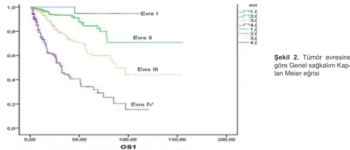 Şekil  2.  Tümör  evresine  göre Genel sağkalım  Kap-lan Meier eğrisi