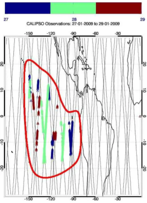 Fig. 3. The horizontal extent of the isolated TTL cirrus cloud over 27–29 January 2009