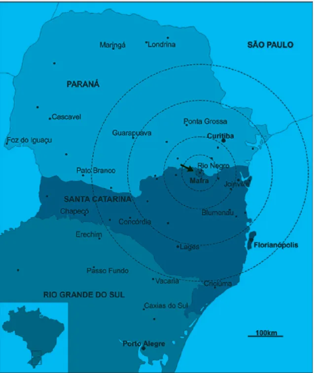 Figura 1: Localização da cidade sede do museu e sua relação com as principais cidades da Região Sul Legenda: os círculos representam o raio de distância do CENPALEO/MTV
