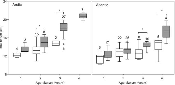 Figure 5. Total length (cm) of polar cod in relation to otolith based age (years) and maturity status