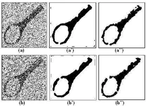 Figure 1: Noisy and retrieved real life binary spanner images at σ = 14 and 16 (a) (b) noisy images (a ′ )(b ′ ) extracted with fully connected network (a ′′ )(b ′′ ) extracted with pruned network