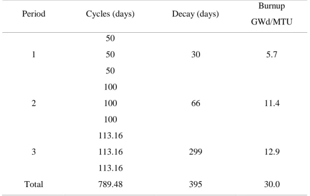 Table 3: Division of the period of burnup and decay of fuel 