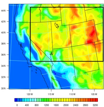 Figure 2b depicts a map of the monthly mean SWE (rang- (rang-ing from 5–1200 mm) for April 2008, simulated from the