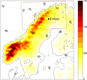 Fig. 1. Map of Scandinavia showing the topography (colour scale with heights in m), the location of the ESRAD radar, and the nested model domains used for the WRF simulations (red rectangles)