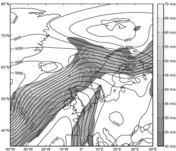 Fig. 2a. Synoptic chart for 00:00 UTC on 24 January 2003: Geopo- Geopo-tential height at 500 hPa (contours) and wind speed (shaded).