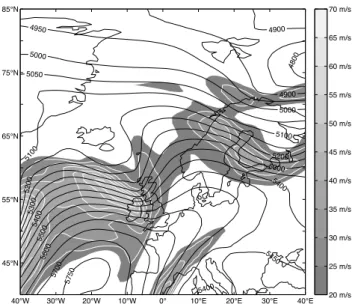 Fig. 2b. Synoptic chart for 06:00 UT on 25 January 2003: Geopo- Geopo-tential height at 500 hPa (contours) and wind speed (shaded).