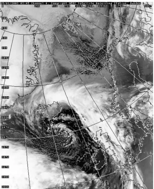 Fig. 3. Satellite cloud image at 03:45 UT on 25 January 2003 (NOAA, IR channel 4 from http://www.sat.dundee.ac.uk).