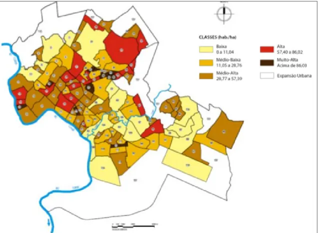 Figura 1: Densidade bruta de Cuiabá conforme os bairros e regiões  Fonte: IPDU (2010 ).