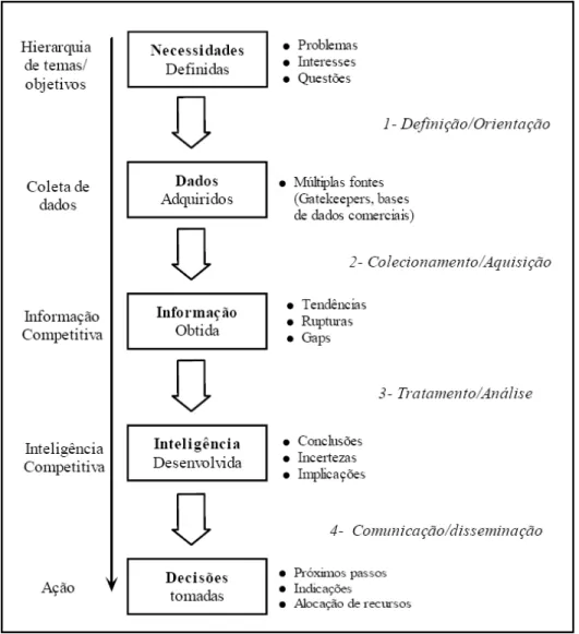 Figura 4 - Visão geral do processo de inteligência tecnológica (CARVALHO, 2000)  A seguir iremos descrever as fases desse modelo de IC mostradas na figura acima