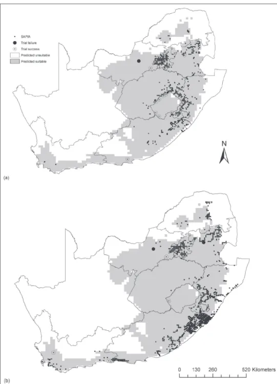 Figure 1. Current distribution [from both forestry trials (noted as trial failure or success) and SAPIA] and  potential distribution for: a Acacia dealbata and b A