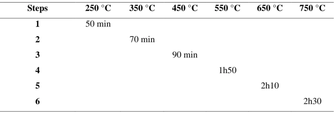 Table 1: Pyrolysis heating steps at a heating rate of 5 °C min -1 . 