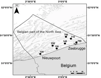 Fig 1. Bathymetry map of the Belgian part of the North Sea with indication of the sampled stations.