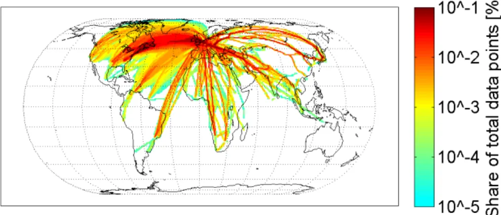 Figure 5. Fractional coverage of MOZAIC upper troposphere humidity data for the period 1994 to 2009; data are confined by T < −40 ◦ C to exclude liquid water clouds and to limit to altitudes