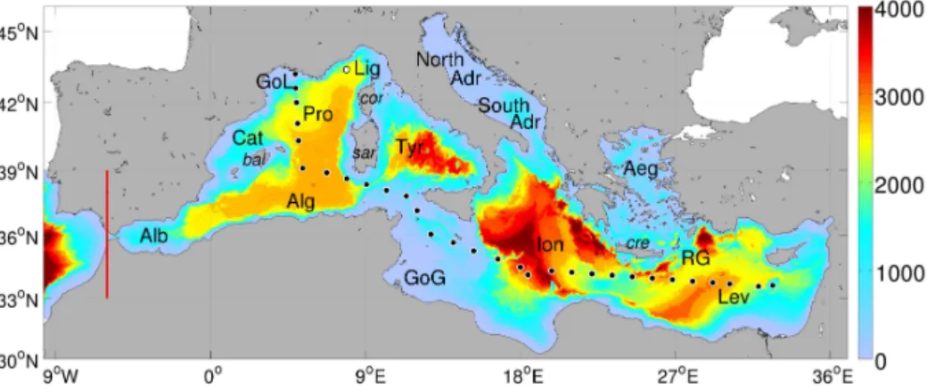 Figure 2. Bathymetry of the grid in meters; black dots represent the BOUM cruise stations (Moutin et al., 2012), while the white dot represents the DyFaMed position (Marty and Chiavérini, 2010)