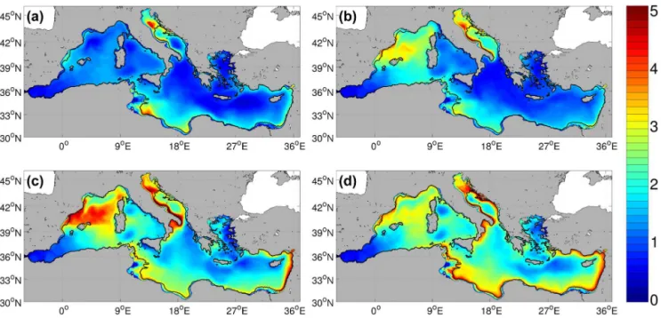 Figure 3. Modeled dissolved organic carbon inventory (mol m −2 ) integrated over the first 100 m