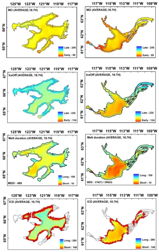 Fig. 5. Melt-onset (MO), ice-off, melt-duration, and ice-cover-duration (ICD) on average (2002–2009) for GBL (left panel) and GSL (right panel)