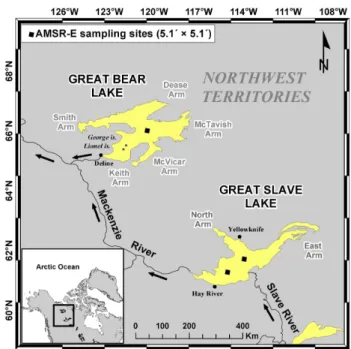 Fig. 1. Map showing location of Great Bear Lake (GBL) and Great Slave Lake (GSL), and their meteorological stations (Deline,  Yel-lowknife, and Hay River) within the Mackenzie River Basin
