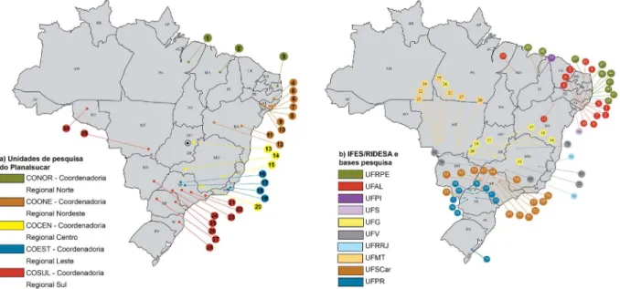 Figure 2. (a) Areas that comprised PLANALSUCAR, which was formed by 30 experimental stations for research and their respective regional coordina- coordina-tors