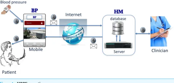 Figure 1 summarizes the overall operation of HBPF. First of all, patients send their readings with the BP app from a smartphone to the server (1), via Internet (2).