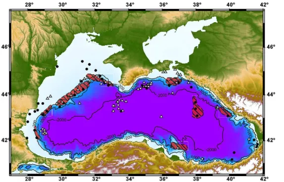 Fig. 1. Map of gas and fluid discharge in the Black Sea. Triangles and dots represent locations of submarine mud volcanoes and areas of intense fluid discharge, respectively