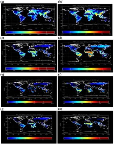 Fig. 1. The global distribution of annual emissions of fossil fuel (a) BC and (b) OC. The global distribution of annual emissions of biomass burning (c) BC and (d) OC