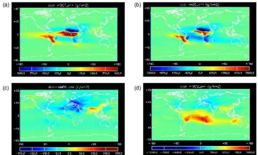 Fig. 3. The global distributions of di ff erences in annual column loading (g/km 2 ) due to seasonal BBCA emissions in online run of (a) BC, (b) OC, (c) MBS, and (d) MOS.