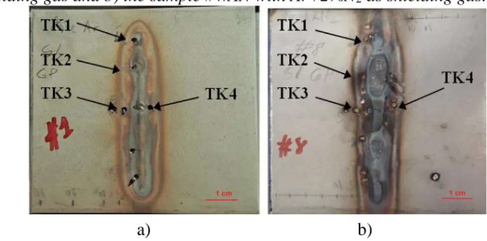 Figure 2: The welded plates with thermocouples location. a) the weld plate #WA using pure Ar as  shielding gas and b) the sample #WAN with Ar+2%N 2  as shielding gas