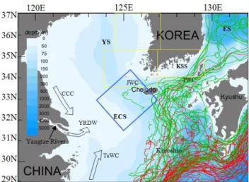 Fig. 1. A map showing the study area and sampling grids from where in-situ bio-optical data were collected during the R/V EARDO, Olympic and Tamgu cruises (1998–2005) in the Korean South Sea (KSS, R/V Olympic), Yellow Sea (YS, R/V EARDO and Tamgu) and East