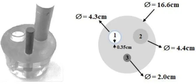 Figure 2: Picture (A) and Illustration of the multiphase phantom scheme. 1- Air surrounded with  glass wall, 2-aluminum bar and 3-steel bars