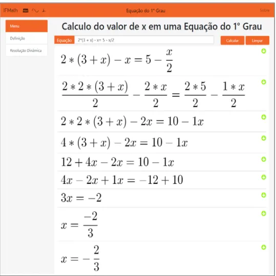 Figura 13 - Interface para resolução de equações de 1° grau. 