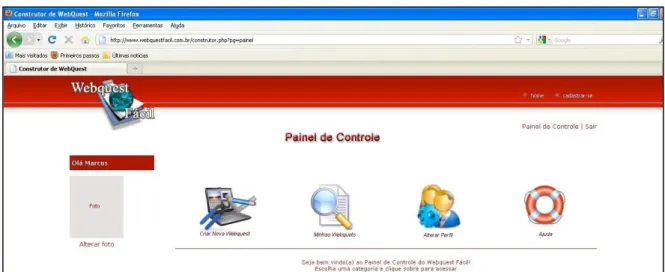 Figura 2 - Painel de Controle do site construtor www.webquestfacil.com.br. 