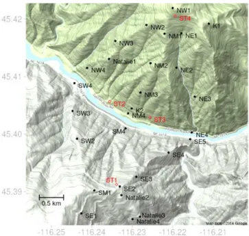 Figure 3. Sensor layout at the Salmon River Canyon. Black circles indicate surface sensors