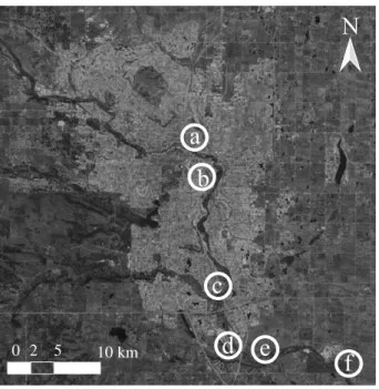 Figure 1. An aerial view of the City of Calgary, Canada showing the locations of  a the flow monitoring site Bow River at Calgary (Water Survey of Canada ID: 05BH004), three wastewater treatment plants at  b Bonnybrook,  c Fish Creek, and  d Pine Creek, an