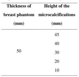 Table 3: Heights at which the microcalcifications were positioned. 