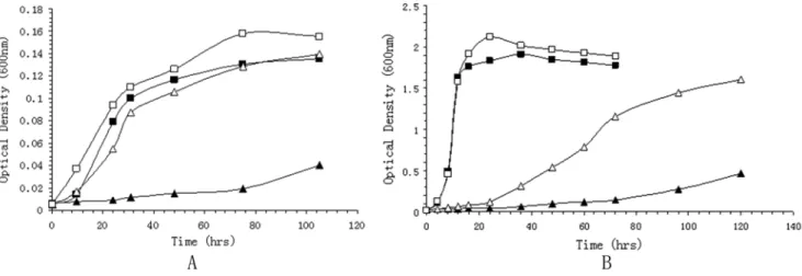 Figure 5. Growth curve of WP3 and its mutant. The growth of WP3 and the WP3Dorf2 mutant under different temperature and pressure conditions were monitered by measuring the optical density of the cultutes at 0D 600 