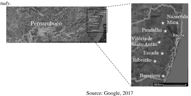 Figure 1: Satellite location with highlight to the municipalities of the PWTPs selected for the  study