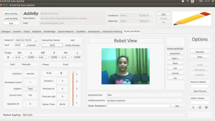 Figure 10: Plan and Run tab: The monitored variables in the left, the robot view in the middle and the extra actions panel in the  right.