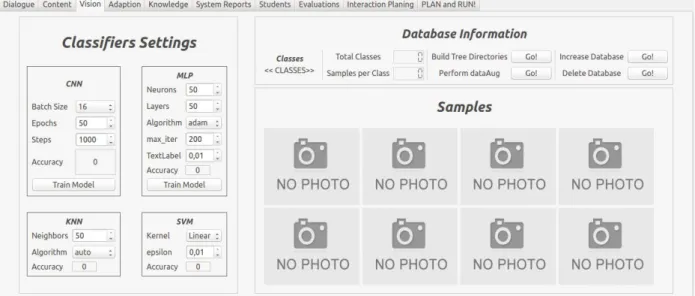 Figure 4: Vision tab view. The available methods and their parameter in the left section and the database information in the right  section