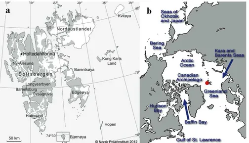 Fig. 1. (a) Map of the drilling site (79 ◦ 09 ′ N, 13 ◦ 23 ′ E; 1150 m a.s.l.) at Holtedahlfonna glacier at Spitsbergen, Svalbard (courtesy of Nor- Nor-wegian Polar Institute)