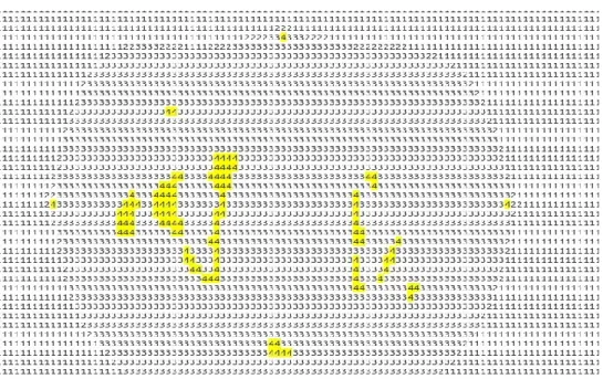 Figure 1:.Slice of CT phantom generated using CTCREATE, yellow color showing the high  density material (bones and fiducial markers)