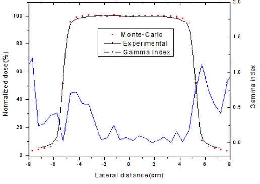 Figure 3 : The beam profile of working and modeled linac for 10 cm X 10 cm field size and  blue curve represents the gamma index which fulfills the condition of 1%-1 mm