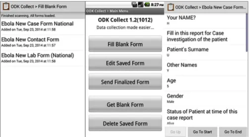 Fig 1. Screen shot of ODK collect App on mobile phones and ehealth follow up Ebola sense.