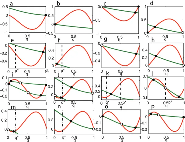 Fig 2. Solutions of Eq (7) and their stabilities under dynamics (2) when c 1 &gt; 0 and c 2 = 0