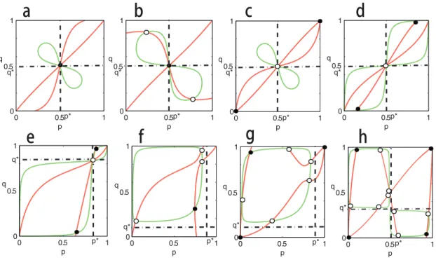 Fig 3. Equilibria of Eq (2) on the p − q plane and their stabilities when c 1 &gt; 0 and c 2 &gt; 0