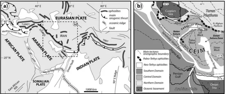 Fig. 1. (a) Distribution of the Tethyan ophiolitic suture zone along the Alpine-Himalayan convergence zone