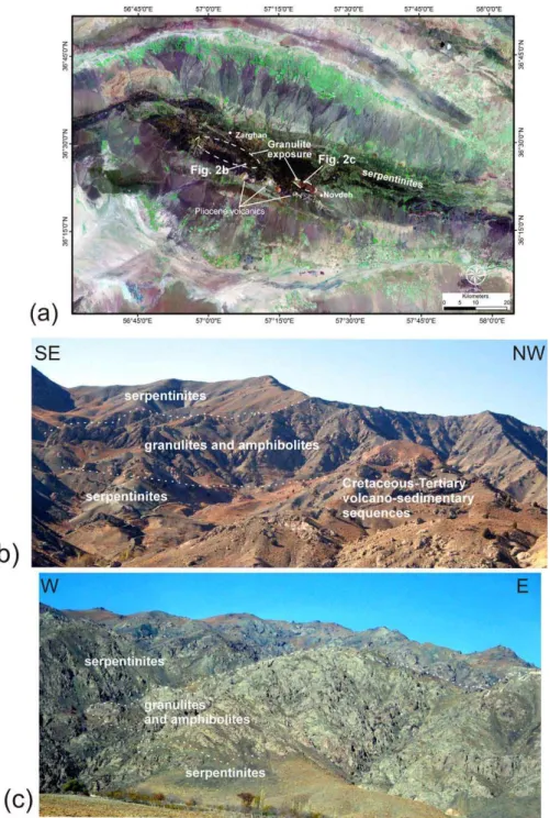 Fig. 2. (a) Satellite image of the Sabzevar Range and location of the granulite exposures (inset)