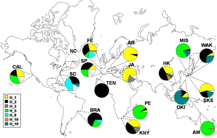 Figure 1. Map showing the sampling sites of Styela plicata . Pie charts represent haplotype frequencies for the COI gene in each population analyzed