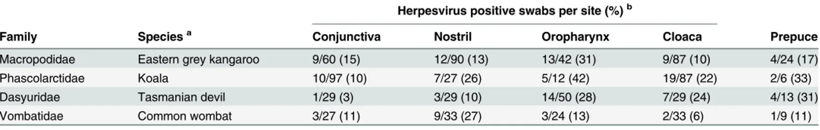 Table 2. Anatomical sites of herpesvirus DNA detection in swab samples collected from Australian marsupials in 2010 and 2011.